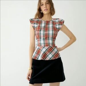 J.Crew‎ Womens Plaid Flutter Sleeve Peplum Blouse Top Size 2